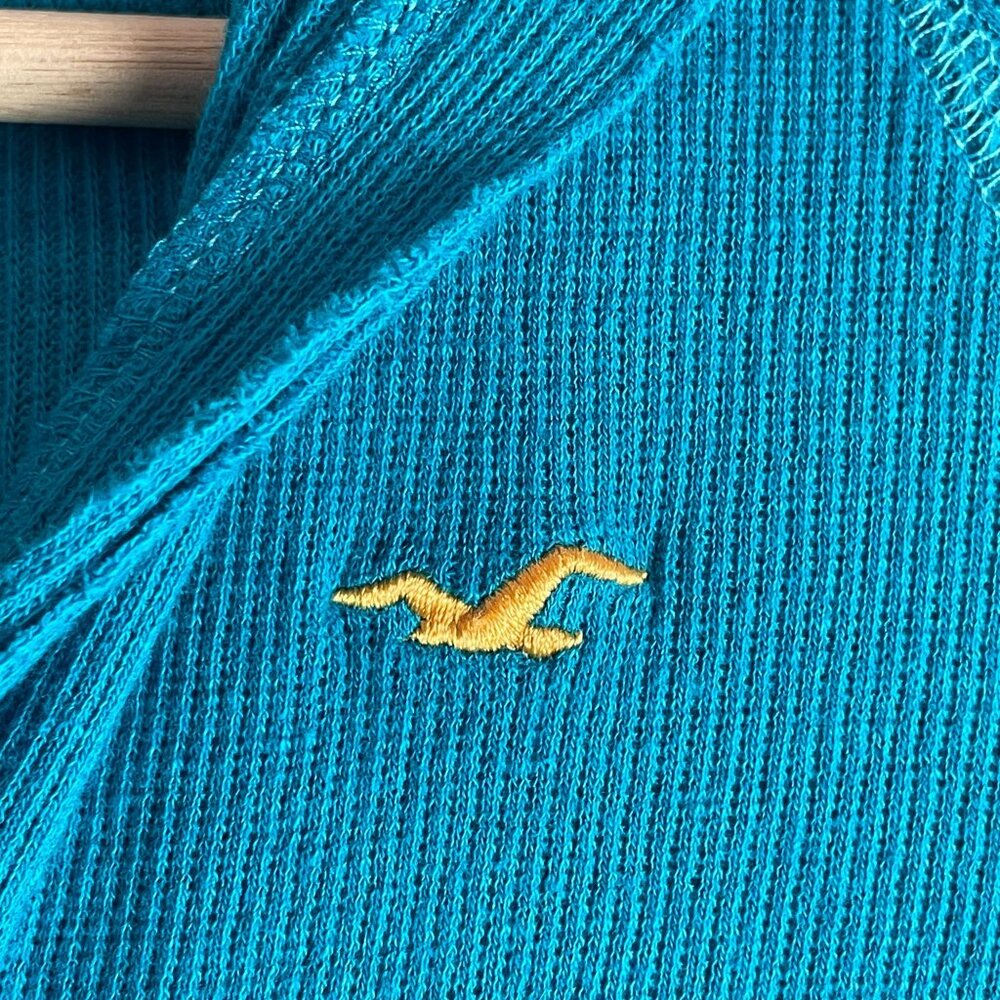 Y2K Hollister HCO Surf Company Womens Medium Turquoise Ribbed Hooded Top - Picture 9 of 10